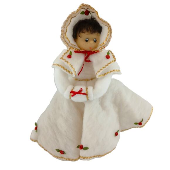 Vintage Mitzi Head Bottle Doll 18" White Winter Cape Red Roses Homemade Decor - Picture 1 of 12